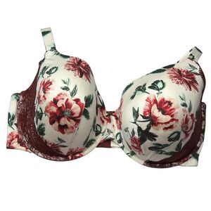 Cacique Floral red white lined tshirt lace bra 44H